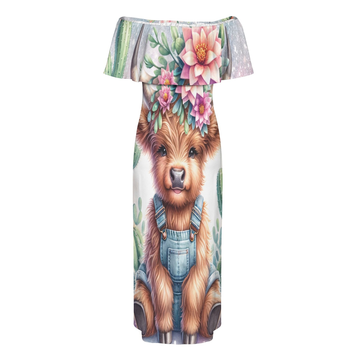 Highland Cow awd1160 Women's Off Shoulder Ruffle Boat Neck Dress (Model D71)