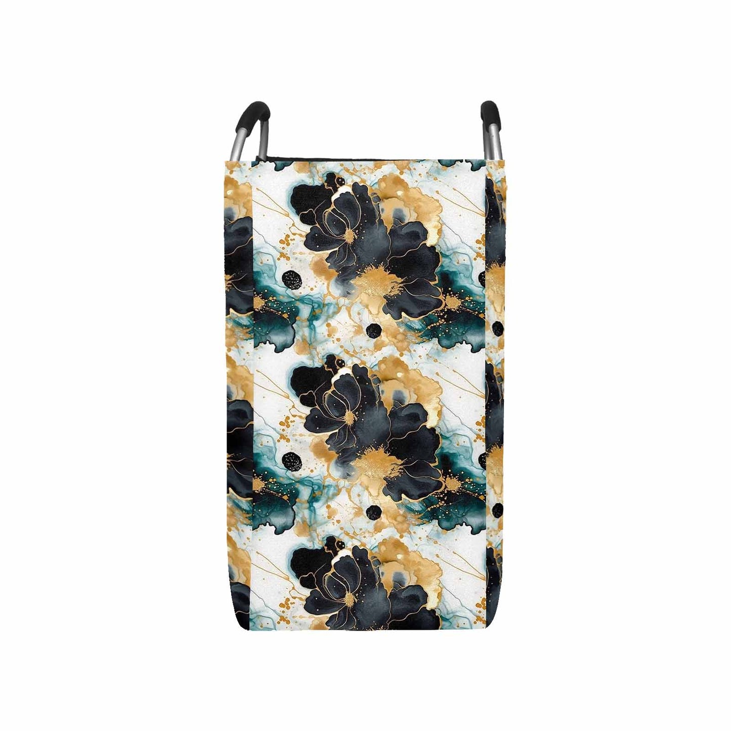 Black Gold & Green Ink Floral Square Laundry Basket