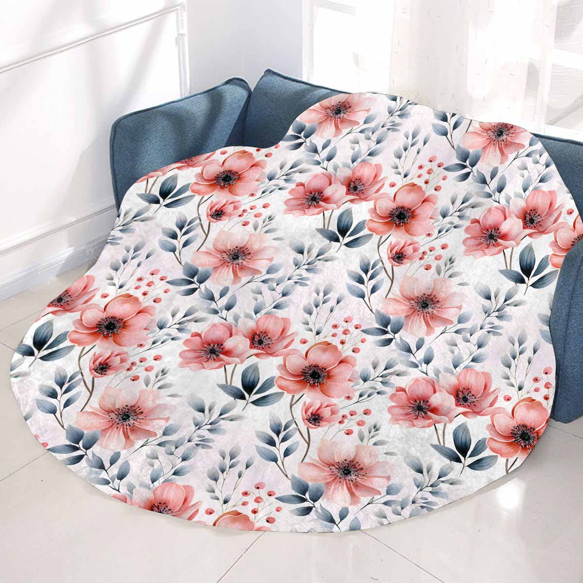 Apricot and Grey Floral Circular Micro Fleece Blanket 47"