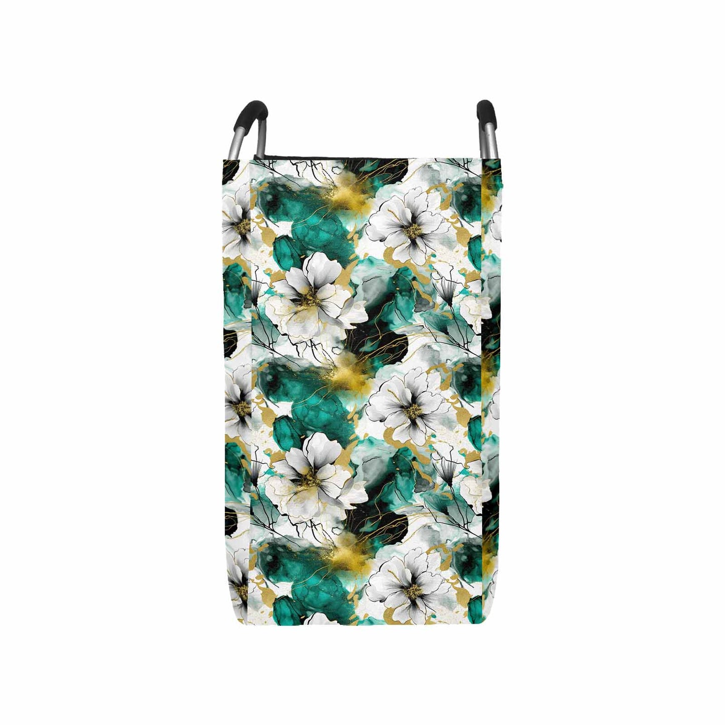 Green and White Ink Floral Square Laundry Basket