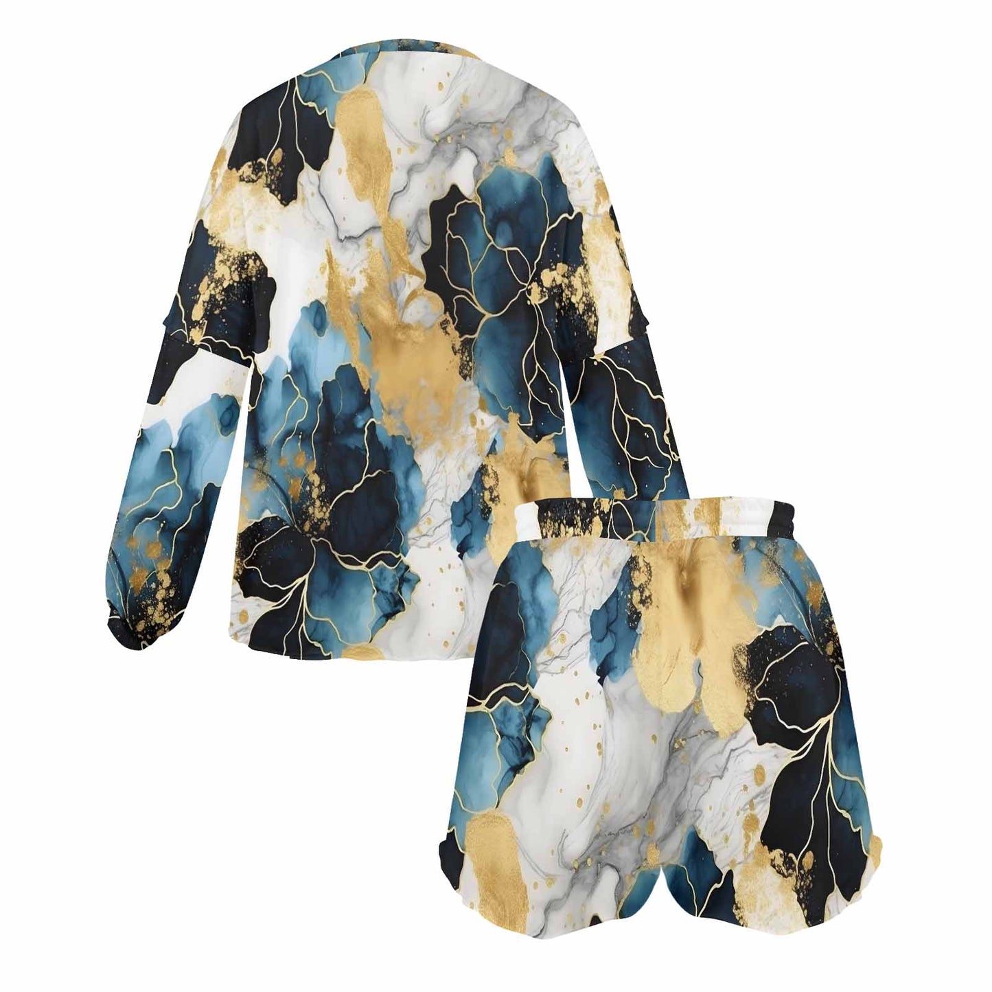 Blue Ink Floral Women's Long Sleeve Pajama Set with Shorts
