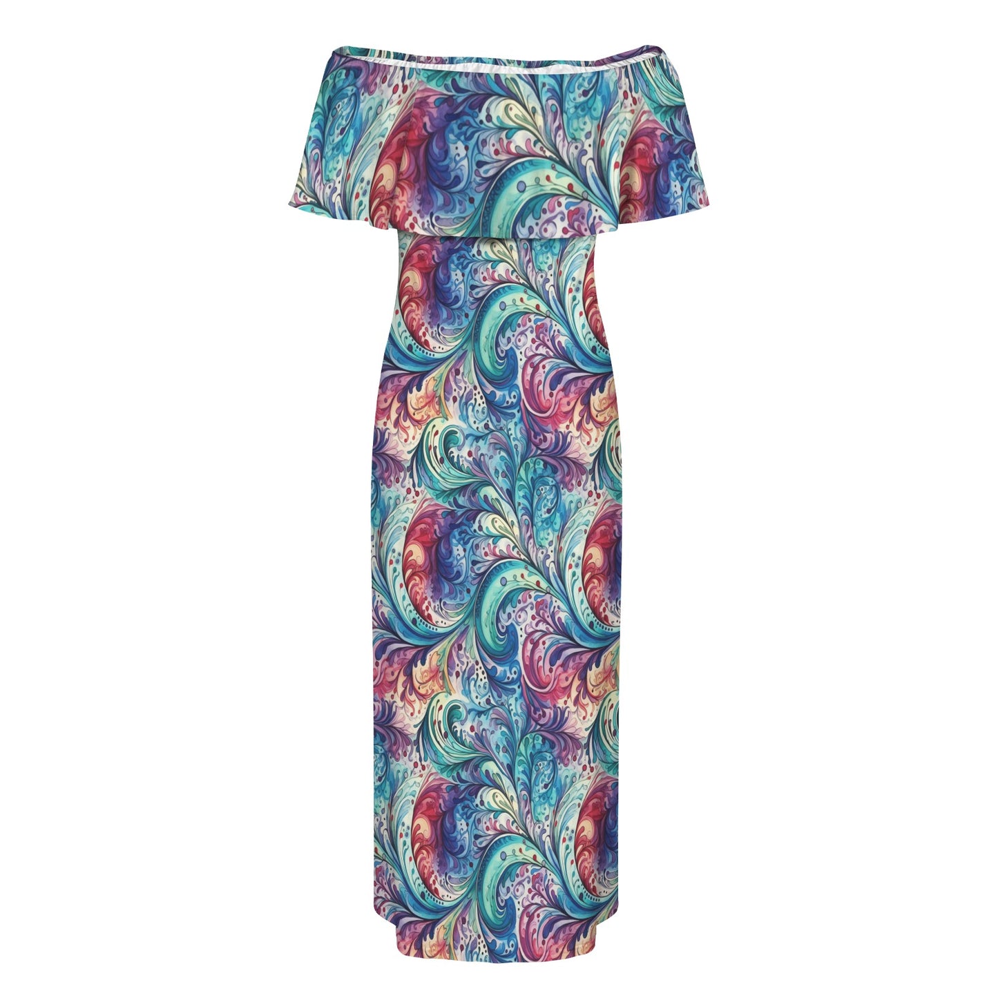 Rainbow Paisley Women's Off Shoulder Ruffle Boat Neck Dress (Model D71)