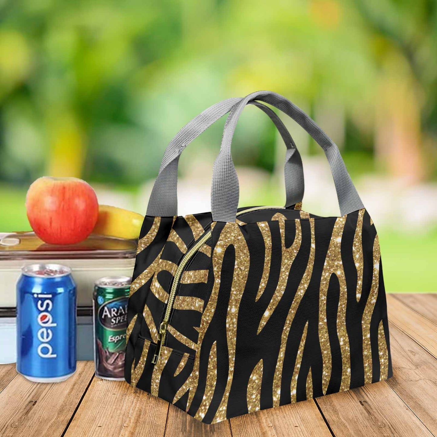 Black and Gold Glitter Leopard Print Portable Lunch Bag-Grey Handle
