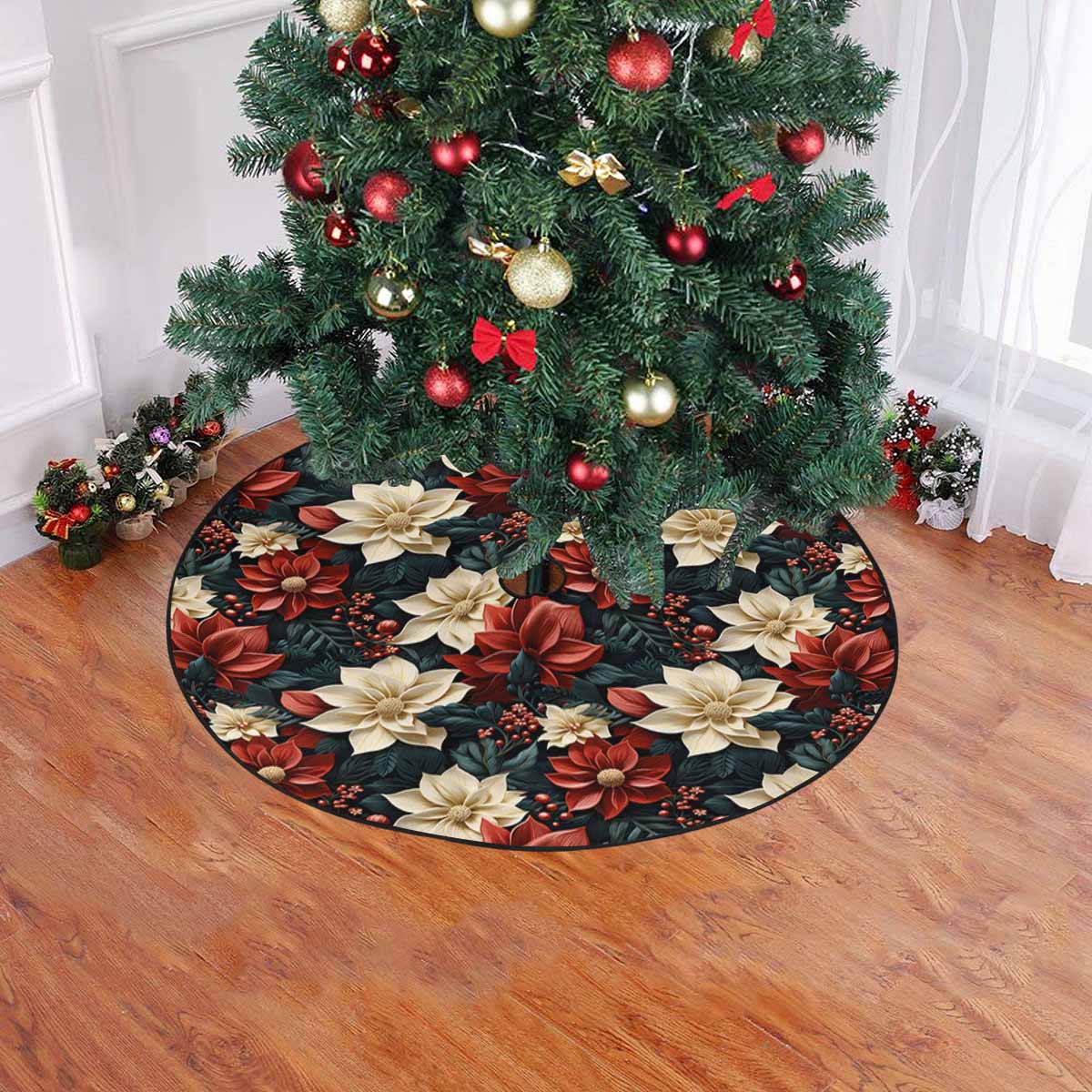 Red Poinsettia Christmas Tree Skirt