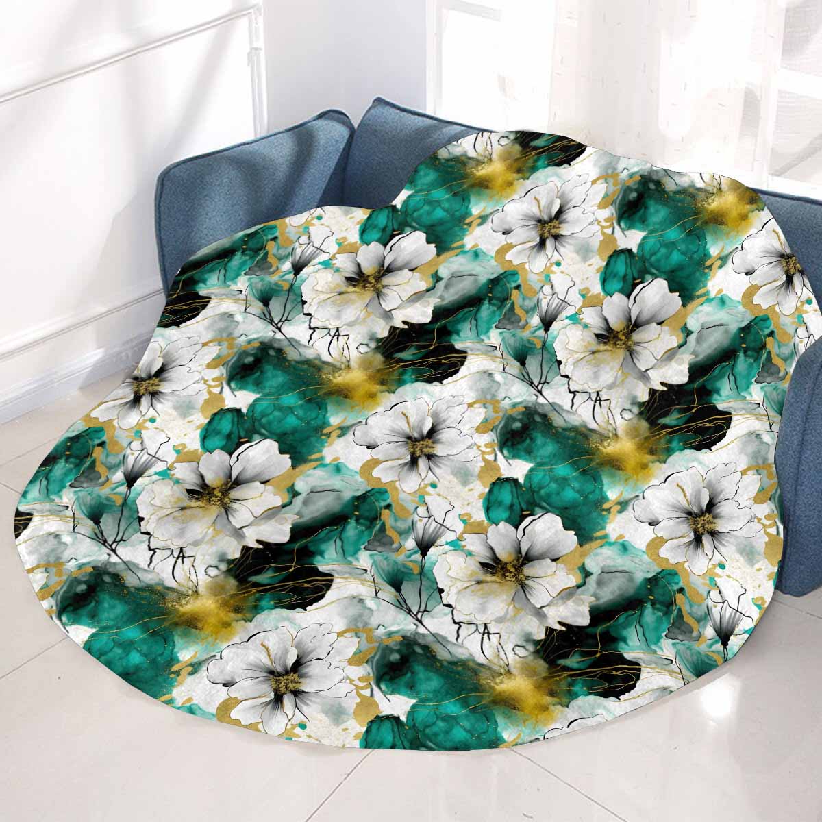 Green and White Ink Floral Circular Micro Fleece Blanket 47"