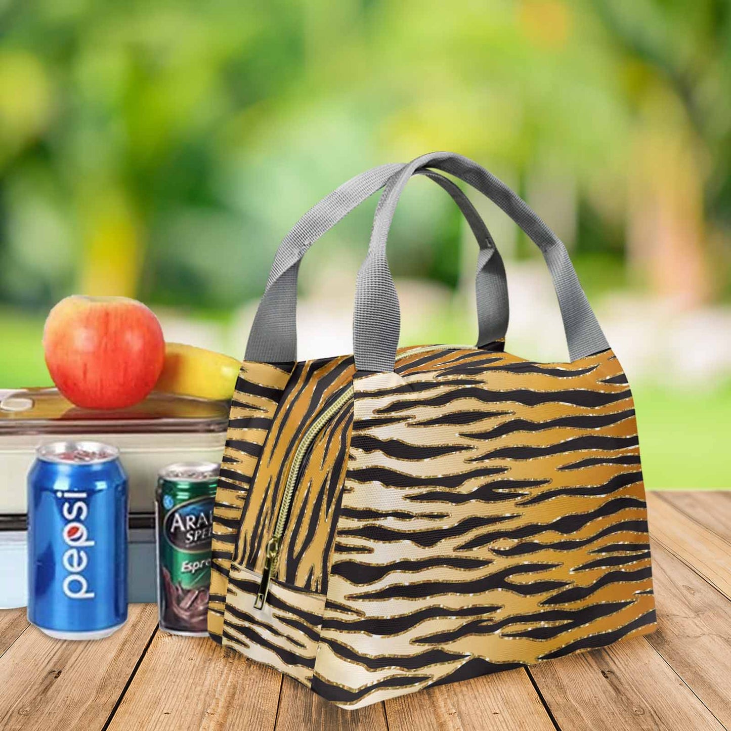 Glitter Gold Animal Print Portable Lunch Bag-Grey Handle