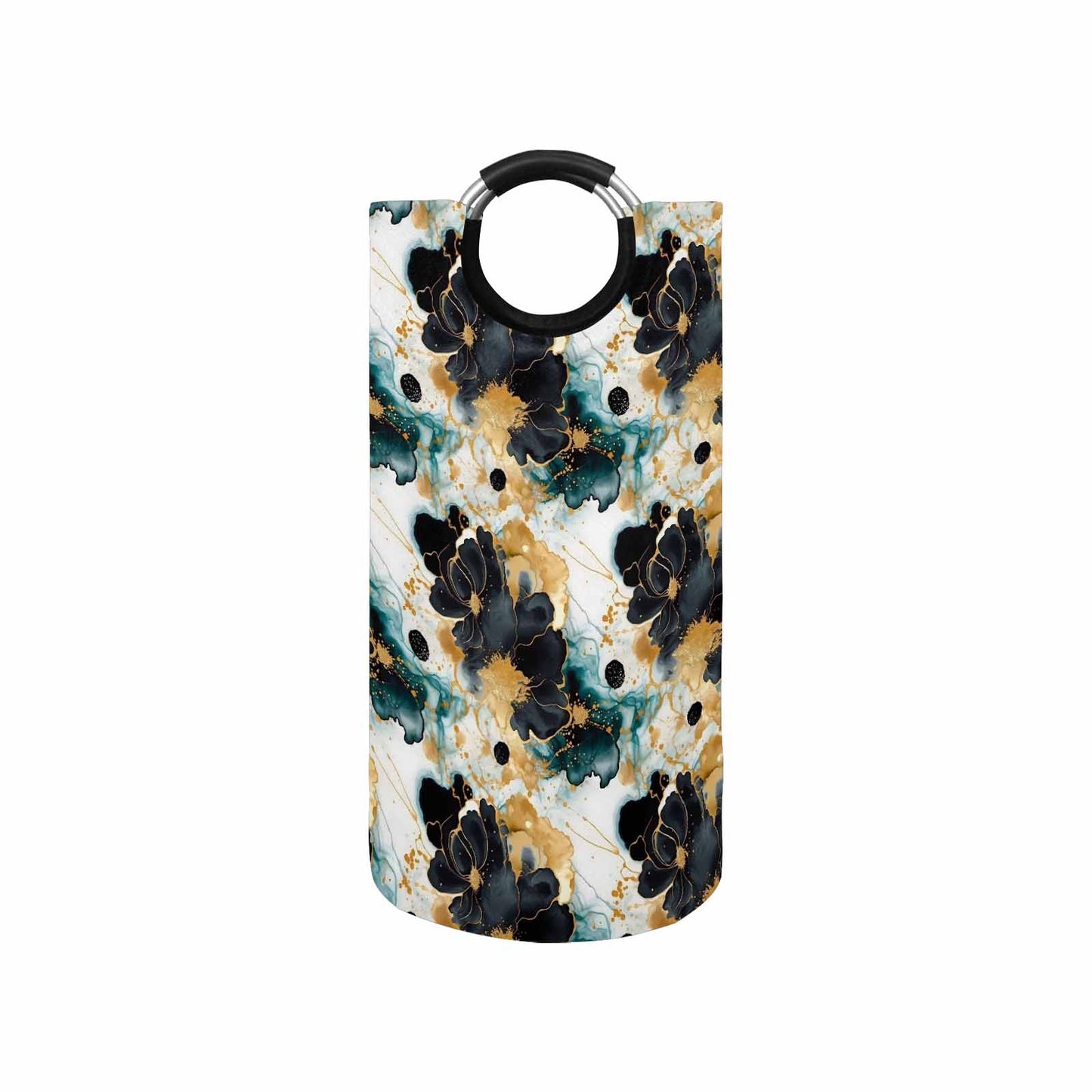 Black Gold & Green Ink Floral Round Laundry Basket