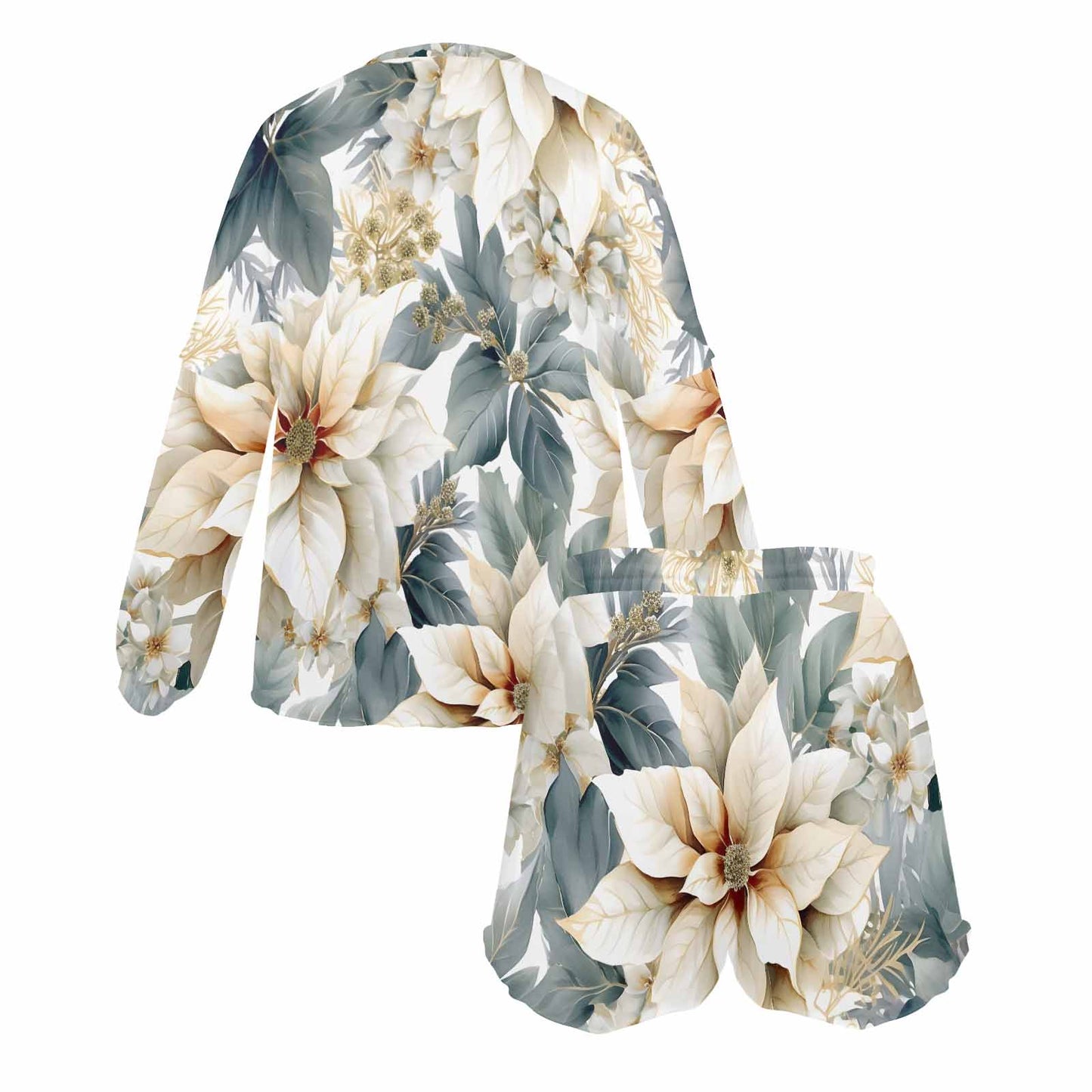 Cream Poinsettia Women's Long Sleeve Pajama Set with Shorts