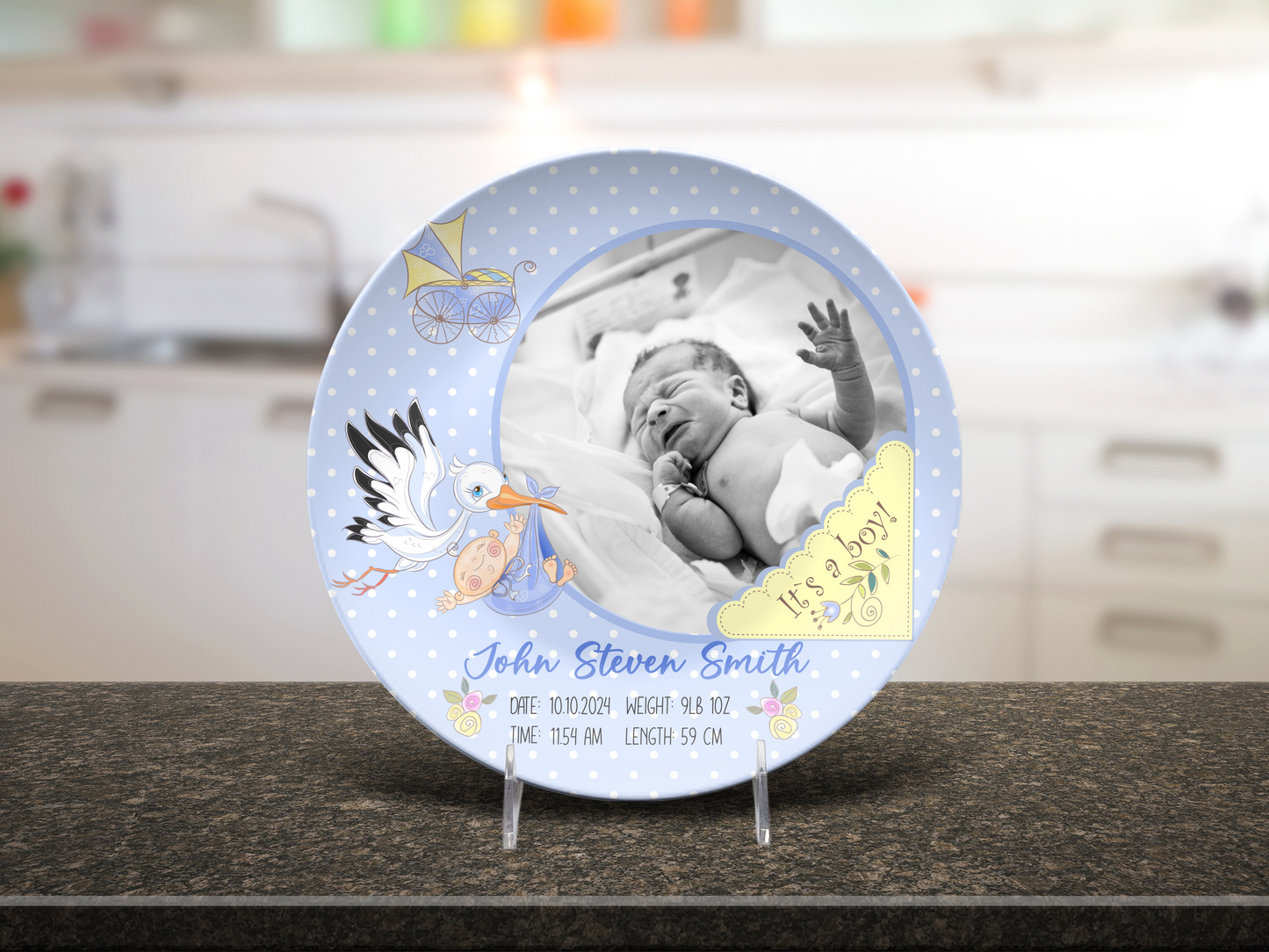 Personalized Baby Birth Plate, Custom Photo Keepsake, Newborn Gift, Nursery Décor, Stork Design, Baby Shower Present