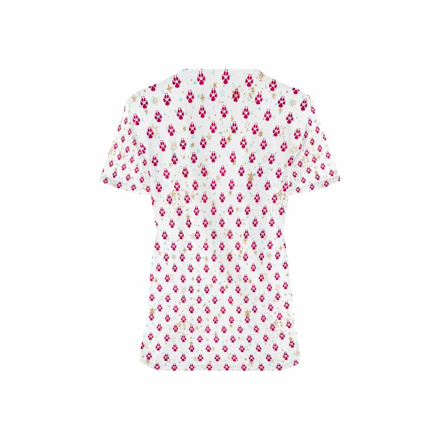 White Dog Paws Women's V Neck Scrub Top Nurse Uniform with Deep Front Pockets