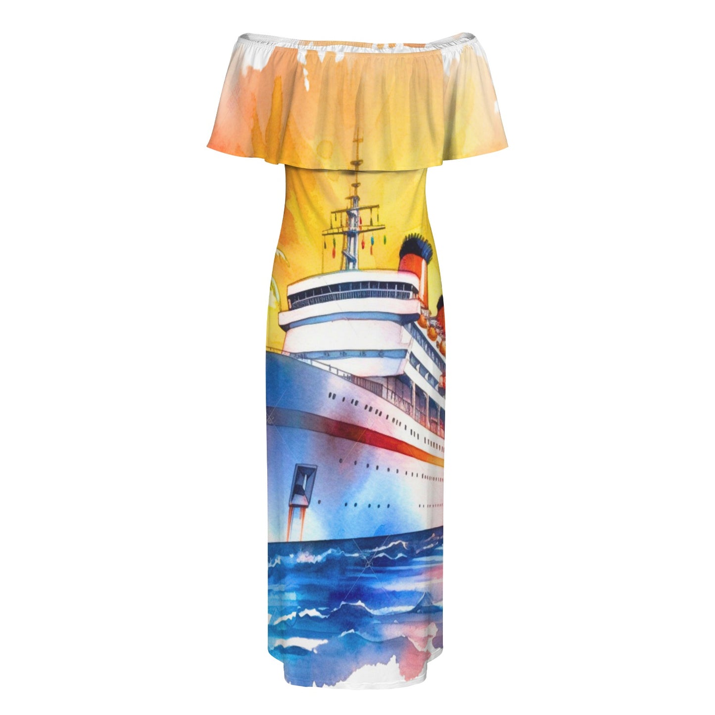 Just Cruisin 2 Women's Off Shoulder Ruffle Boat Neck Dress (Model D71)