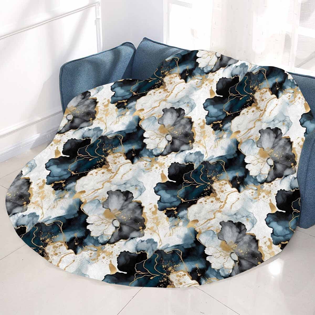 Black Ink Floral Circular Micro Fleece Blanket 47"