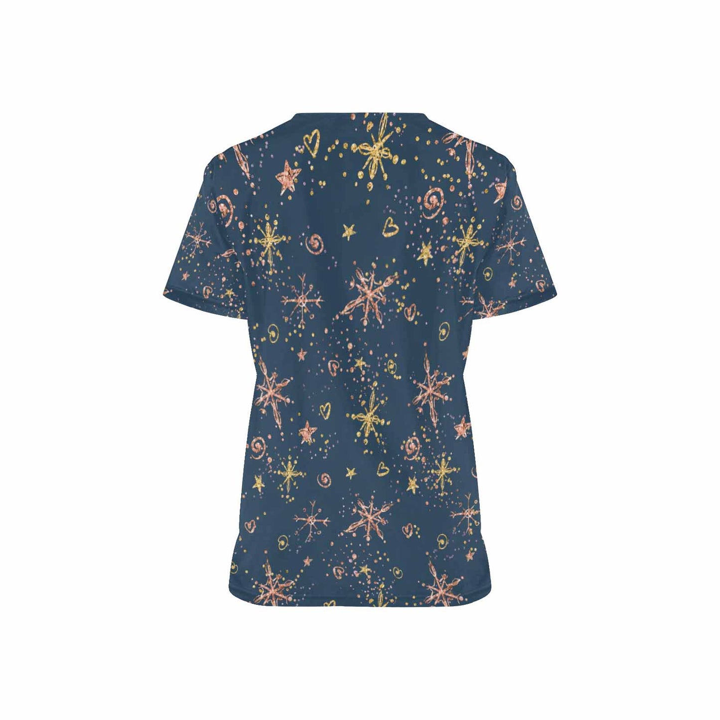 Blue Christmas Stars Women's V Neck Scrub Top Nurse Uniform with Deep Front Pockets