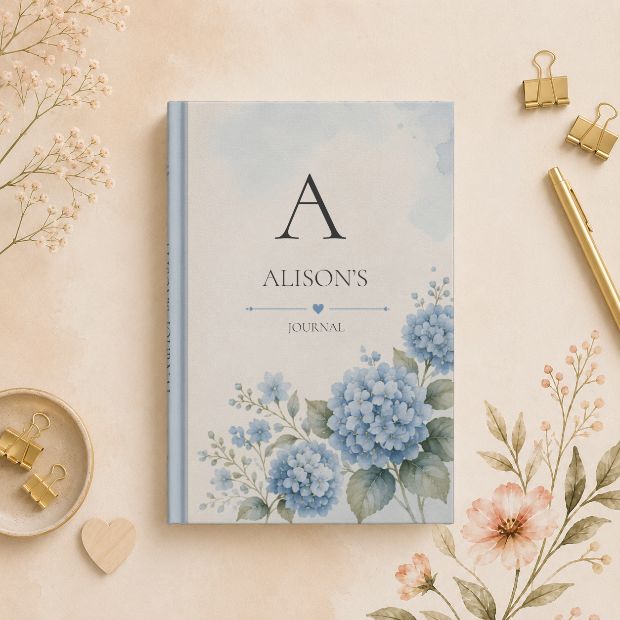 Personalized Hardcover Journal, Custom Floral Notebook, Elegant Gift for Her, Personalized Diary, Blue Hydrangea Design, Women's Stationery