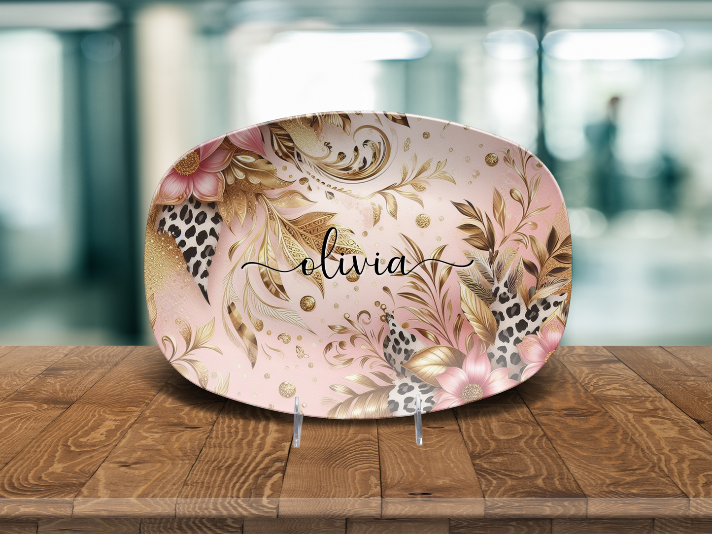 Personalized Luxury Pink and Gold Platter, Custom Name Plate, Floral Design, Unbreakable Serving Platter, Perfect Gift for Her, Home Decor