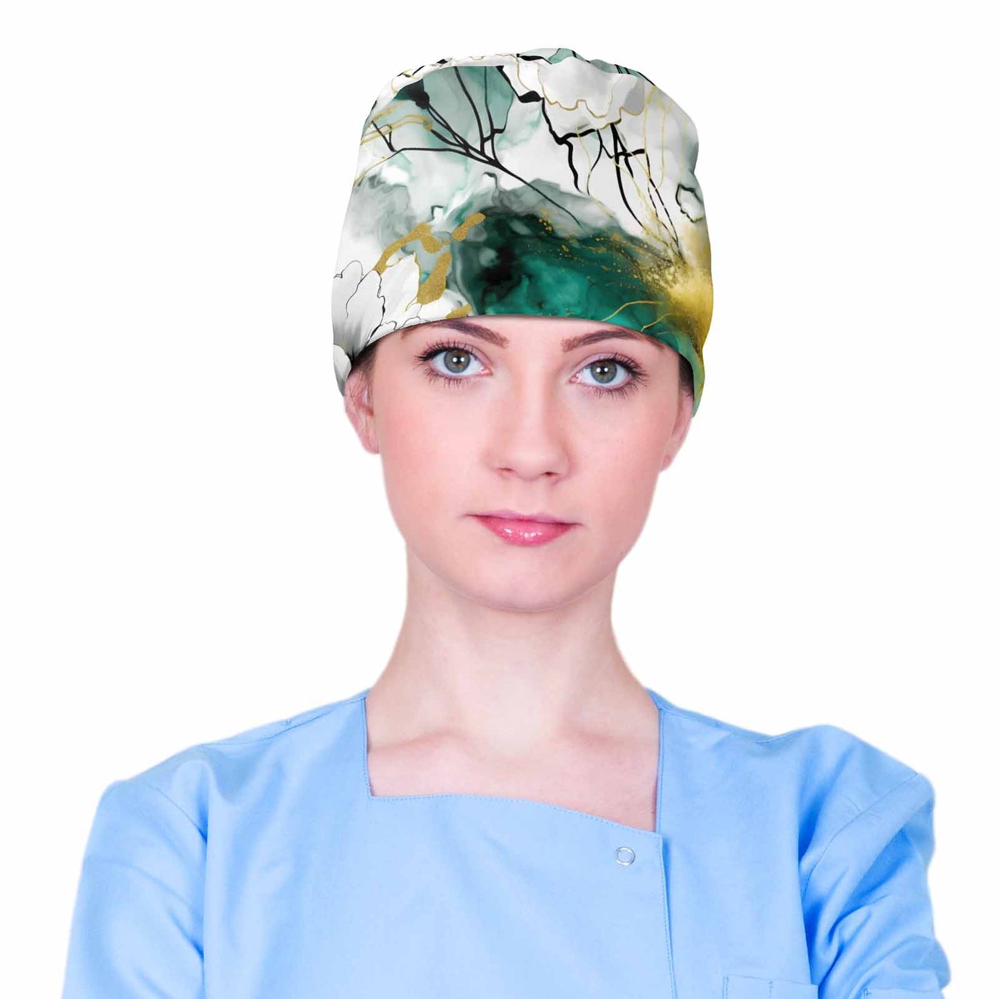 Nurse Scrub Cap Alcohol Ink Green and Gold Floral Scrub Cap