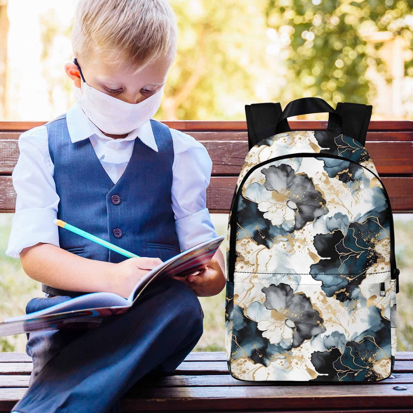 Black Ink Floral Adult Casual Backpack