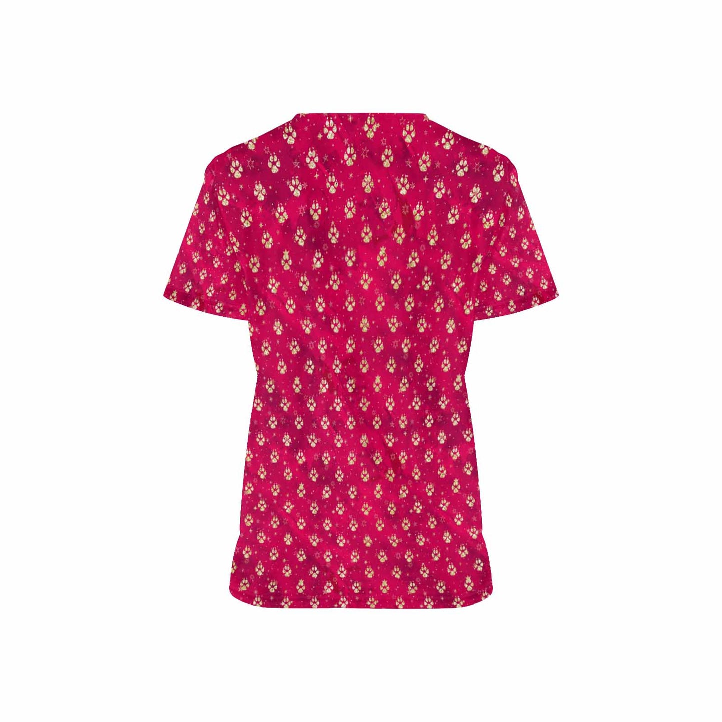 Red Dog Paws Women's V Neck Scrub Top Nurse Uniform with Deep Front Pockets
