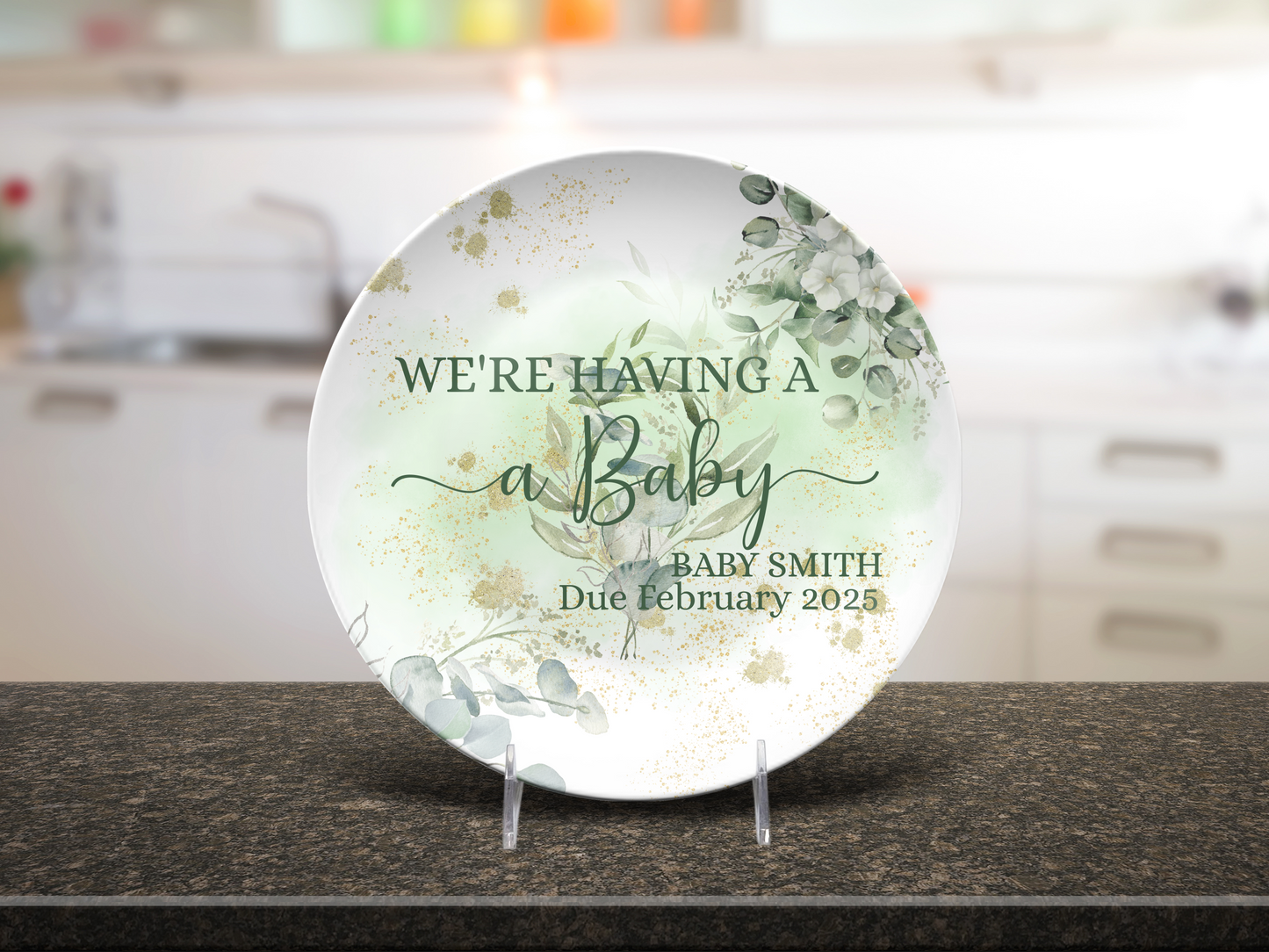 Pregnancy Announcement Greenery and Gold Personalised Plate