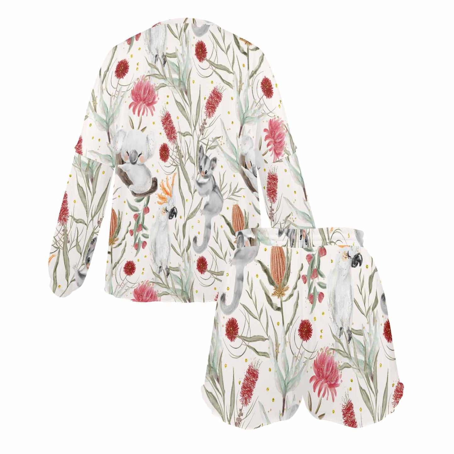 Australian Animals, Koala Cockatoo and Sugar Glider Women's Long Sleeve Pajama Set with Shorts
