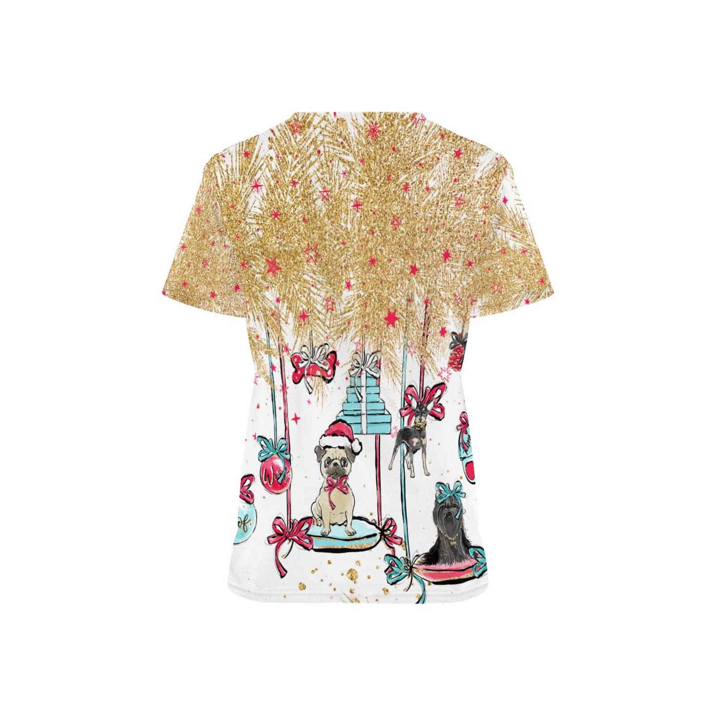 Doggie Christmas Baubles Women's V Neck Scrub Top Nurse Uniform with Deep Front Pockets