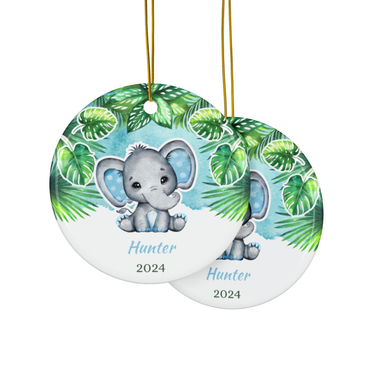 Safari Themed Baby Ornament, Personalized Elephant Keepsake, Custom Name Year Decoration, Jungle Nursery Gift