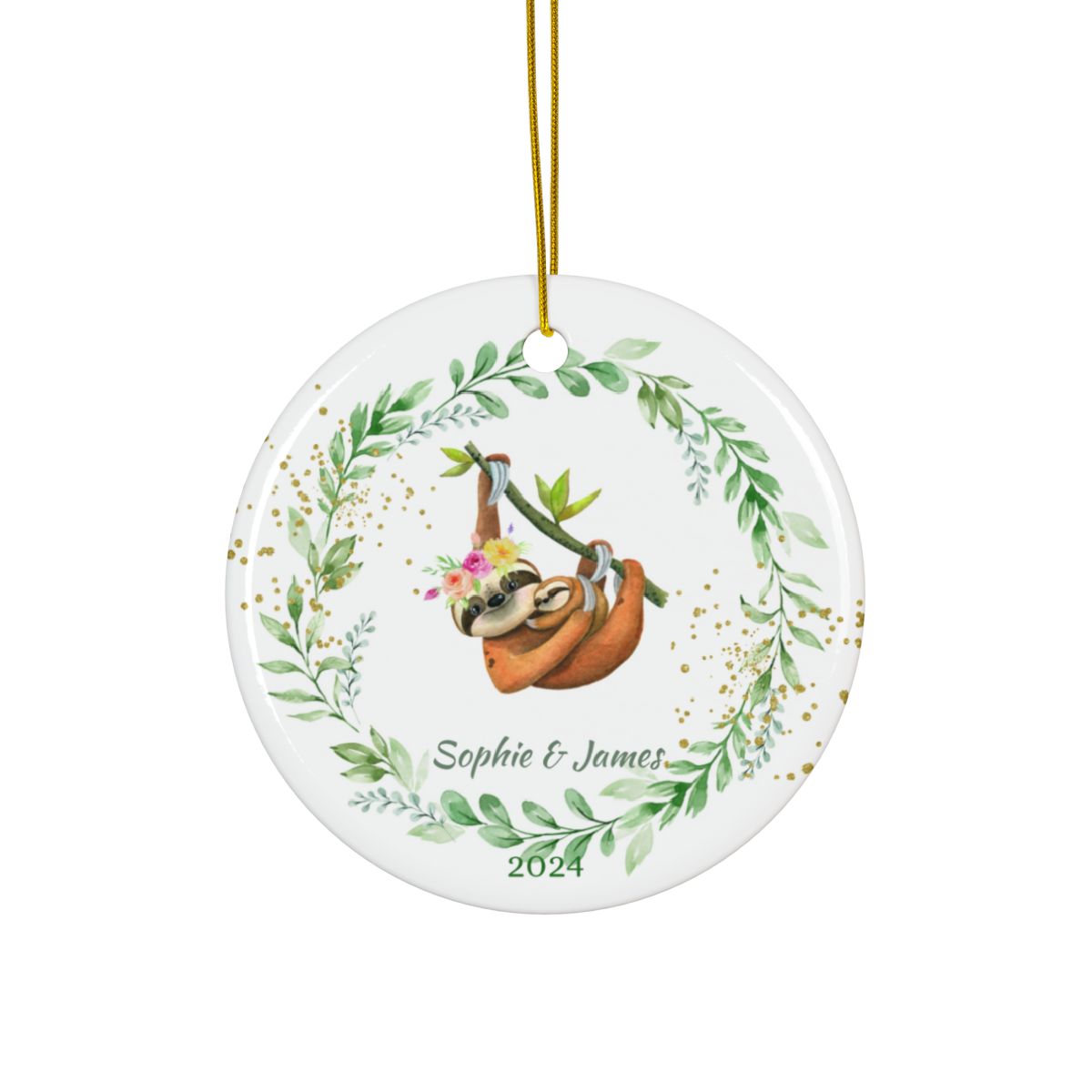 Personalized Sloth Ornament, Christmas Ceramic Decoration, Custom Holiday Gift, Cute Animal Keepsake, Couple Ornament, First Christmas