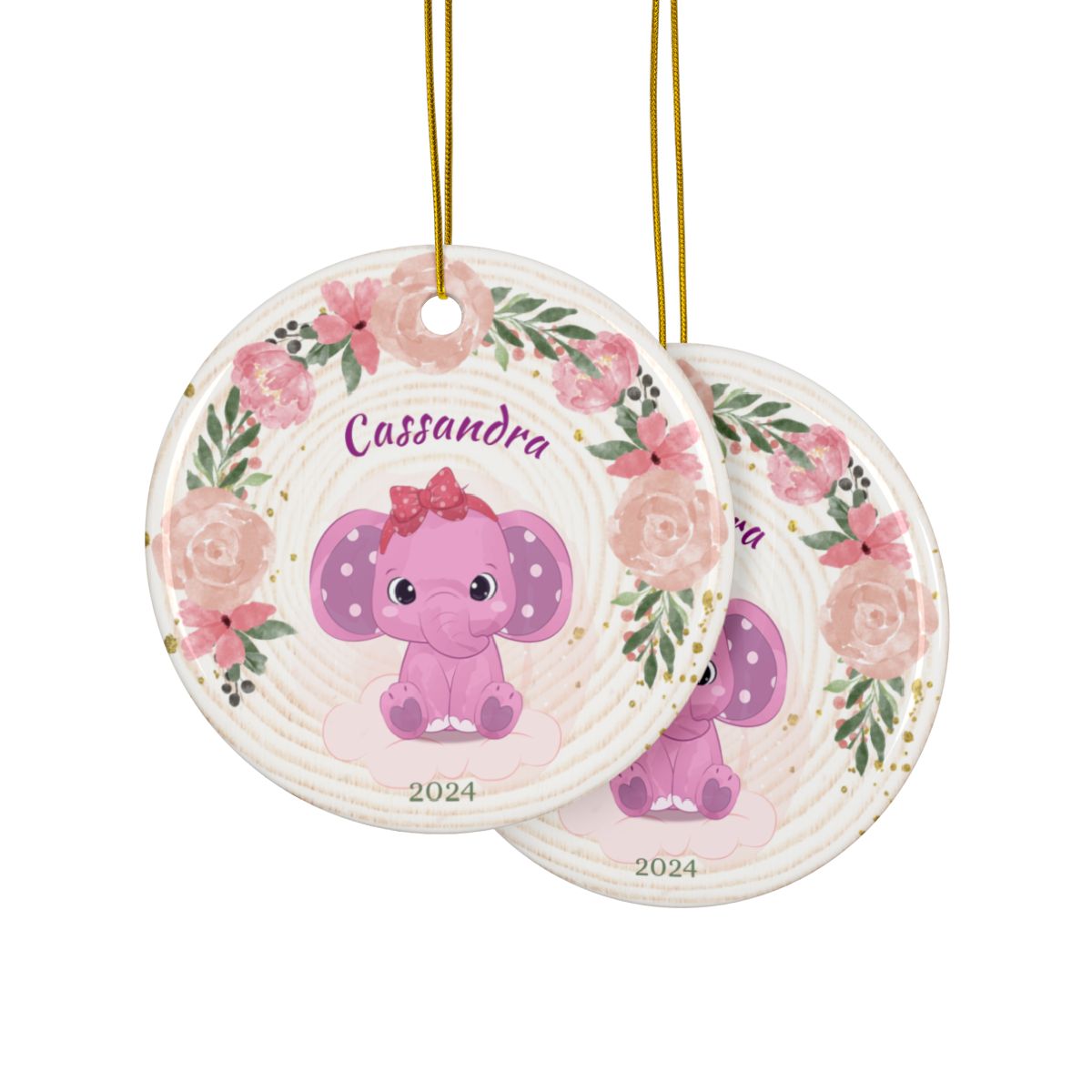 Elephant Ornament Personalized, Ceramic Holiday Decoration, Custom Name Keepsake Gift, Cute Baby Elephant Design, Floral Nursery Decor