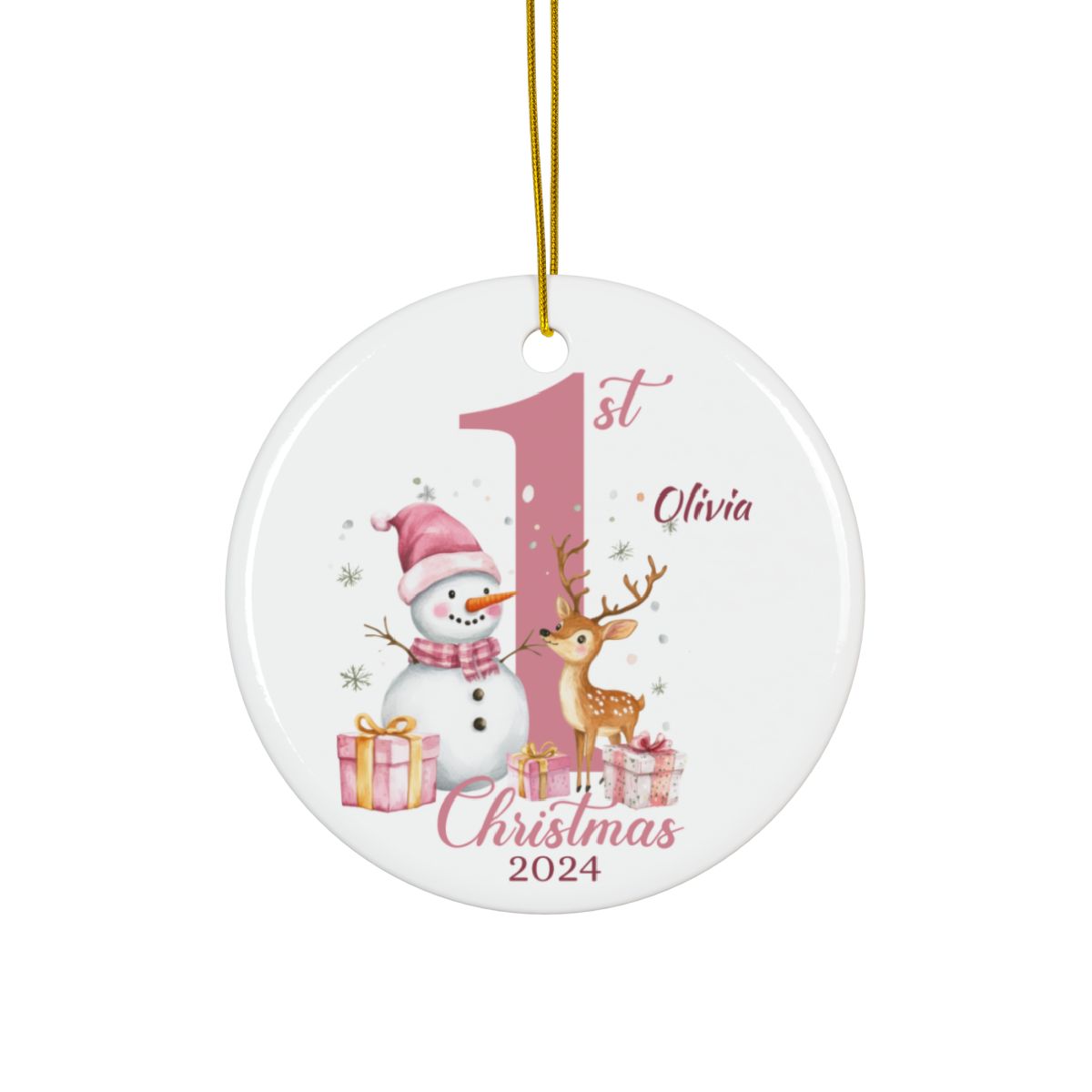 Personalized Baby's First Christmas Ornament, Pink Snowman Ceramic Keepsake