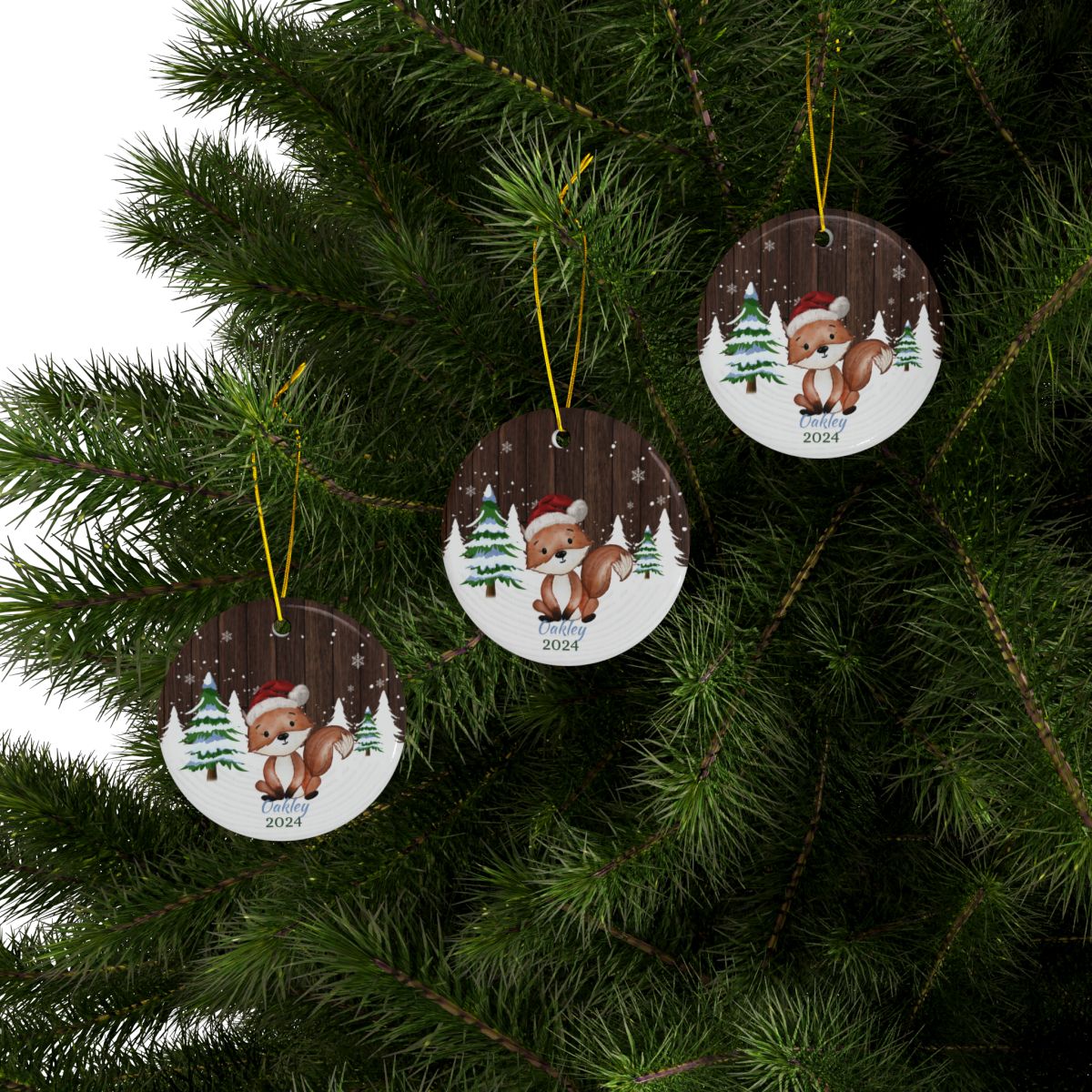 Personalized Fox Ornament, Christmas Decor Gift, Ceramic Winter Keepsake, Holiday Tree Decoration, Custom Family Name