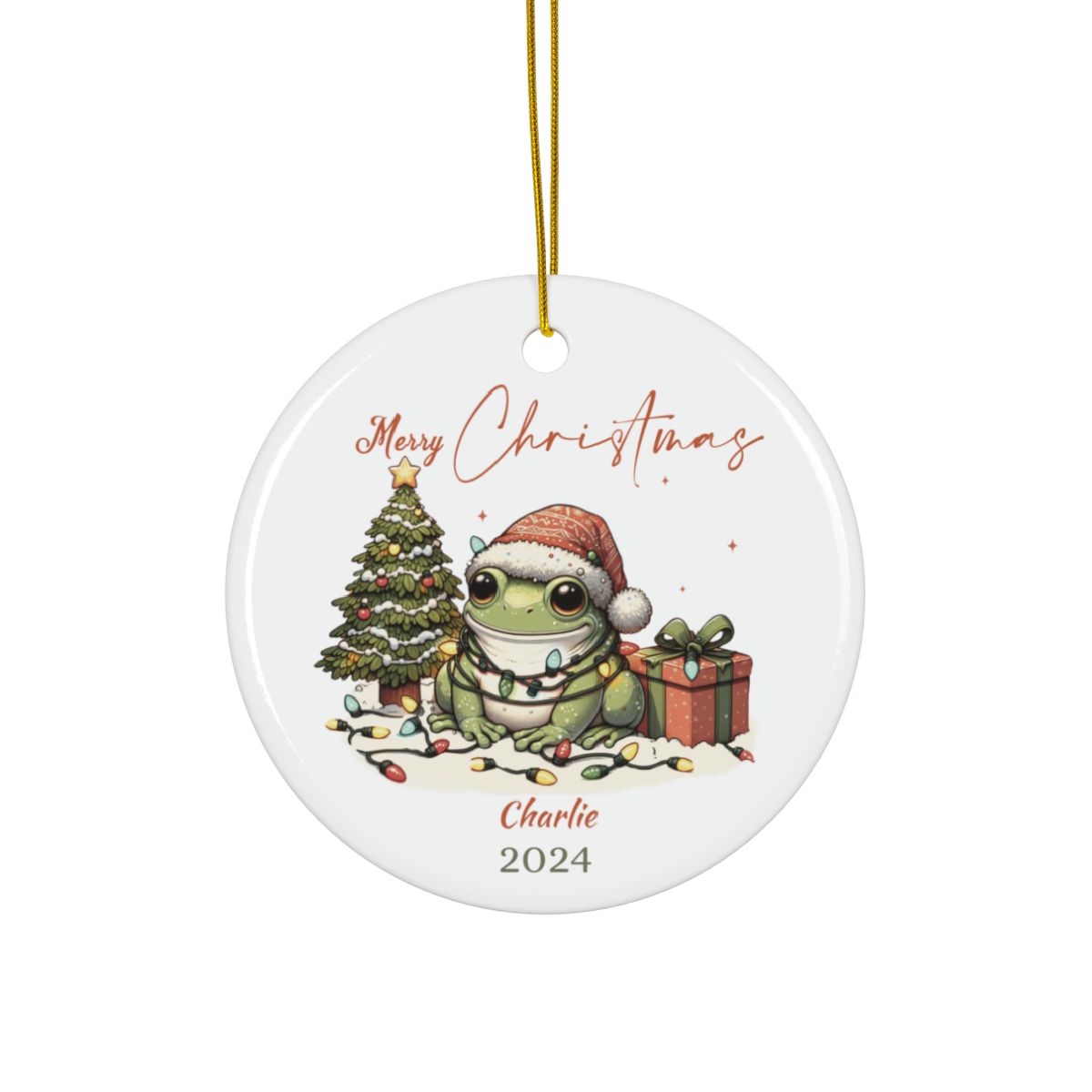 Christmas Frog Ornament, Personalized Christmas Decoration, Holiday Tree Gift, Ceramic Keepsake, Custom Name Ornament, Xmas Decor