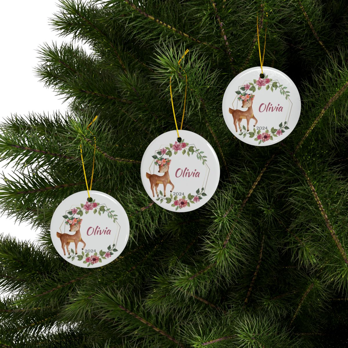 Personalized Baby First Christmas Ornament, Cute Deer Ceramic Holiday Keepsake, Newborn Gift, Custom Name Decoration