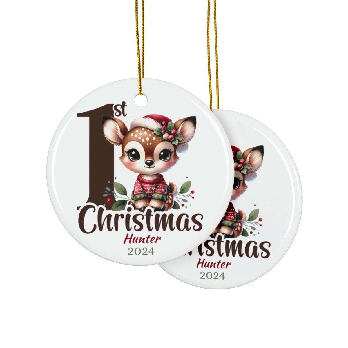Personalized Baby's First Christmas Ornament, Fawn Design, Custom Ceramic Keepsake, Holiday Tree Decoration, Gift for New Parents