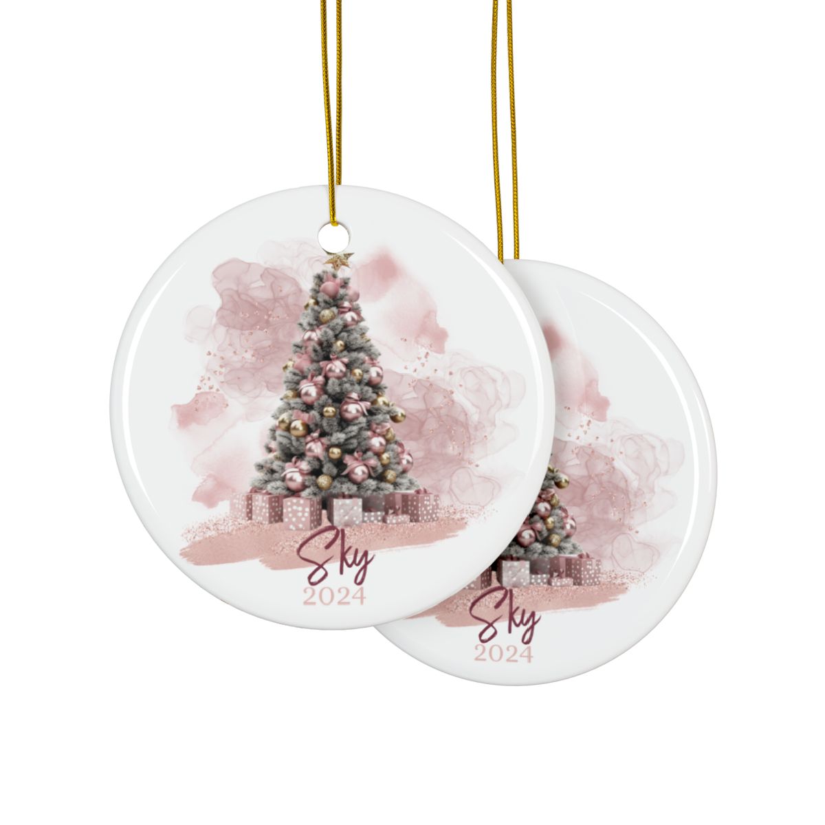 Pink Christmas Tree Personalised Ceramic Ornament Name and Year