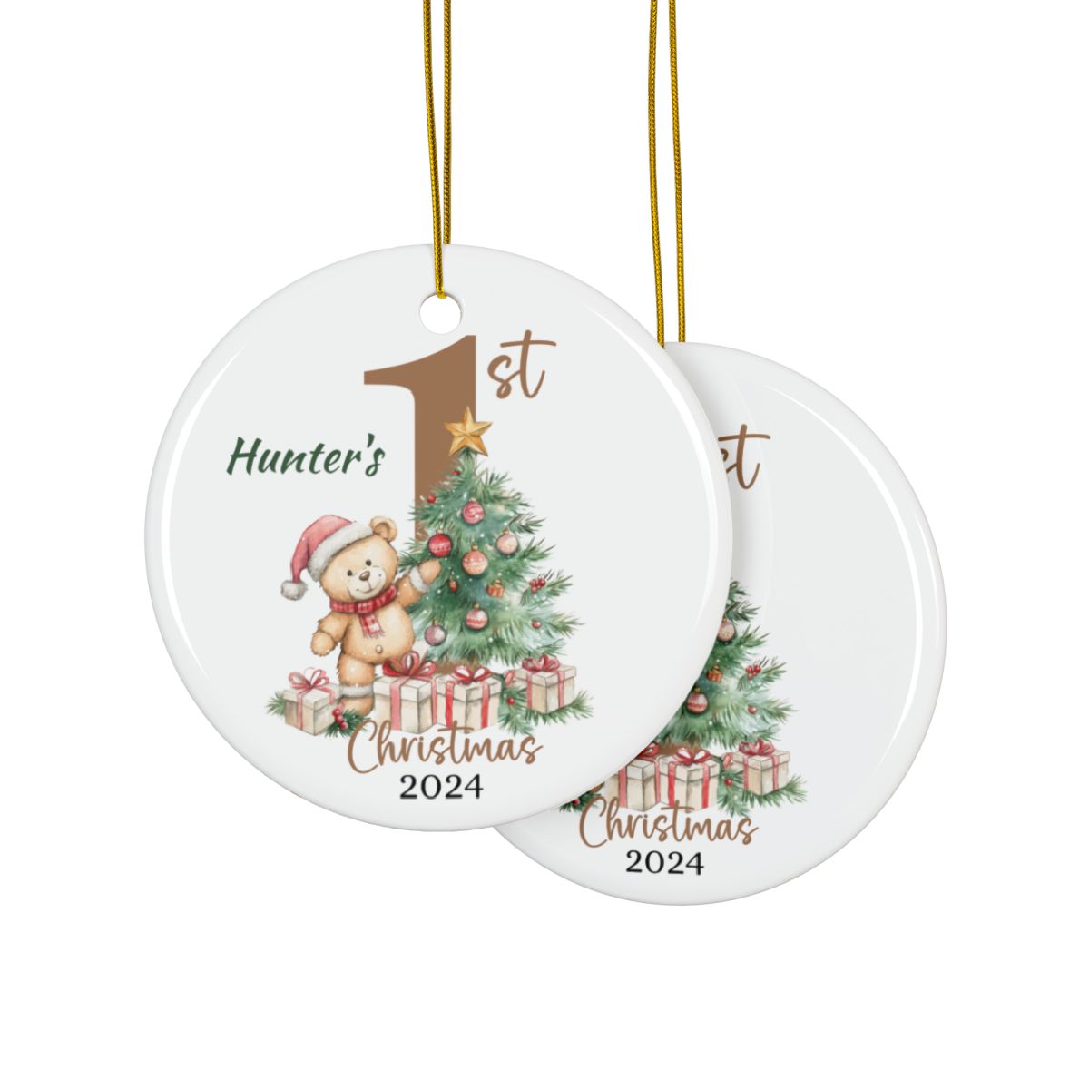 Teddy Bear Christmas Ornament, Personalized Baby's First Christmas, Cute Custom Holiday Keepsake, Ceramic Tree Decoration