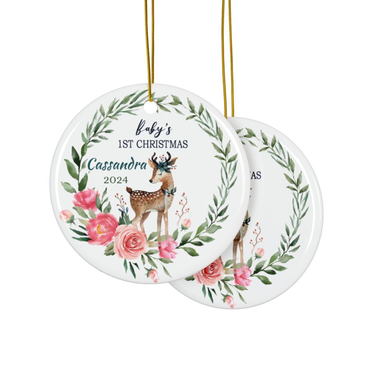 Baby's 1st Christmas Ornament, Personalized Deer Keepsake, Ceramic Round Decoration, Holiday Gift for Newborn, Custom Christmas Decor