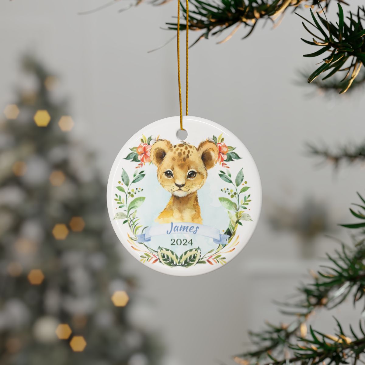 Personalized Holiday Ornament, Custom Baby Keepsake, Ceramic Animal Decoration, Newborn Gift Idea, Christmas Tree Decor