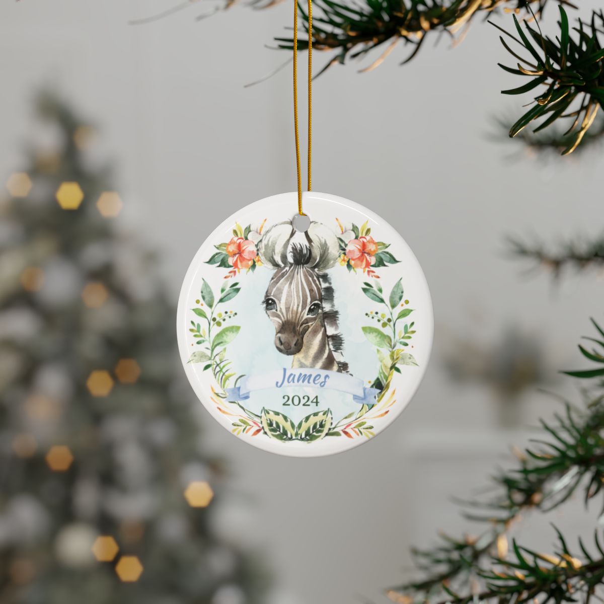 Personalized Ceramic Ornament, Custom Zebra Christmas Decoration, Holiday Gift, Animal Print, Double Sided, Custom Name Ornament