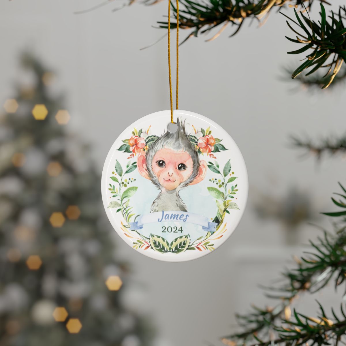 Personalized Monkey Ceramic Ornament, Custom Holiday Decor, Double-Sided Printing, Cute Animal Keepsake, Christmas Tree Hanging Gift