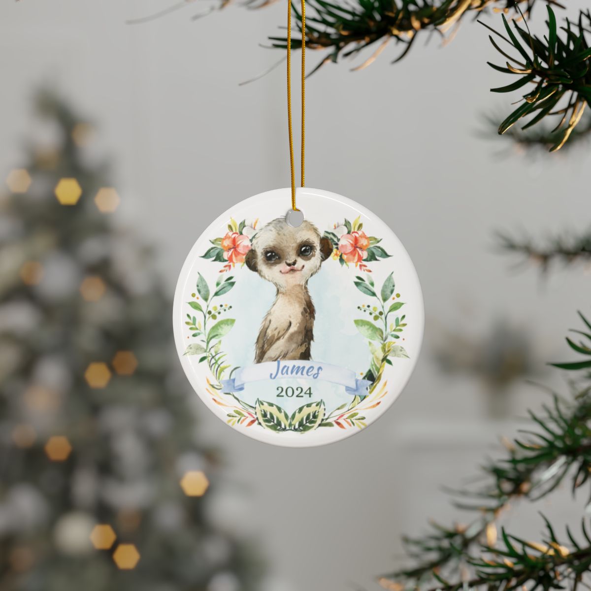 Personalized Meerkat Ornament, Ceramic Holiday Decor, Custom Name Keepsake, Cute Animal Christmas Gift, Unique Hanging Decoration