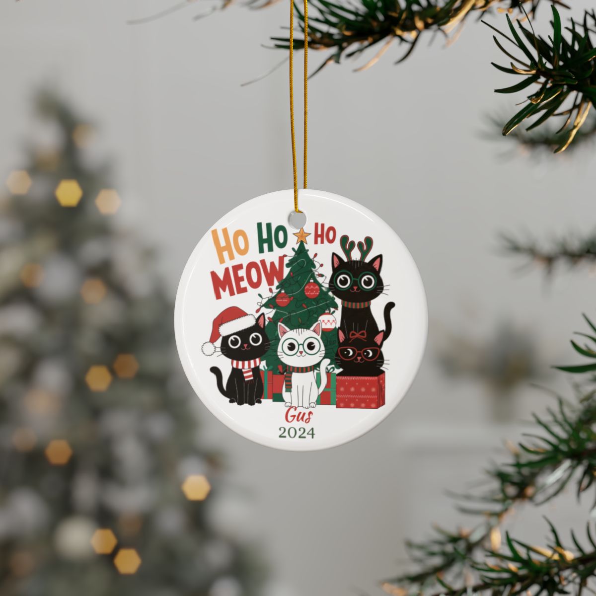 Christmas Cat Ornament, Personalized Ceramic Decoration, Cute Holiday Gift, Family Tree Ornament, Custom Cat Keepsake