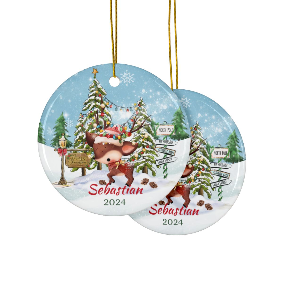 Personalized Baby Deer Ornament, Holiday Ceramic Keepsake, Custom Christmas Gift, Double-Sided Print, Winter Decor