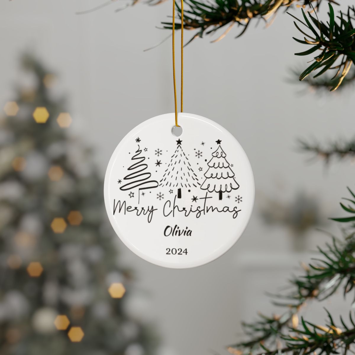 Personalized Holiday Ornament, Custom Ceramic Tree Decoration, Family Christmas Keepsake, Hand Drawn Tree Design