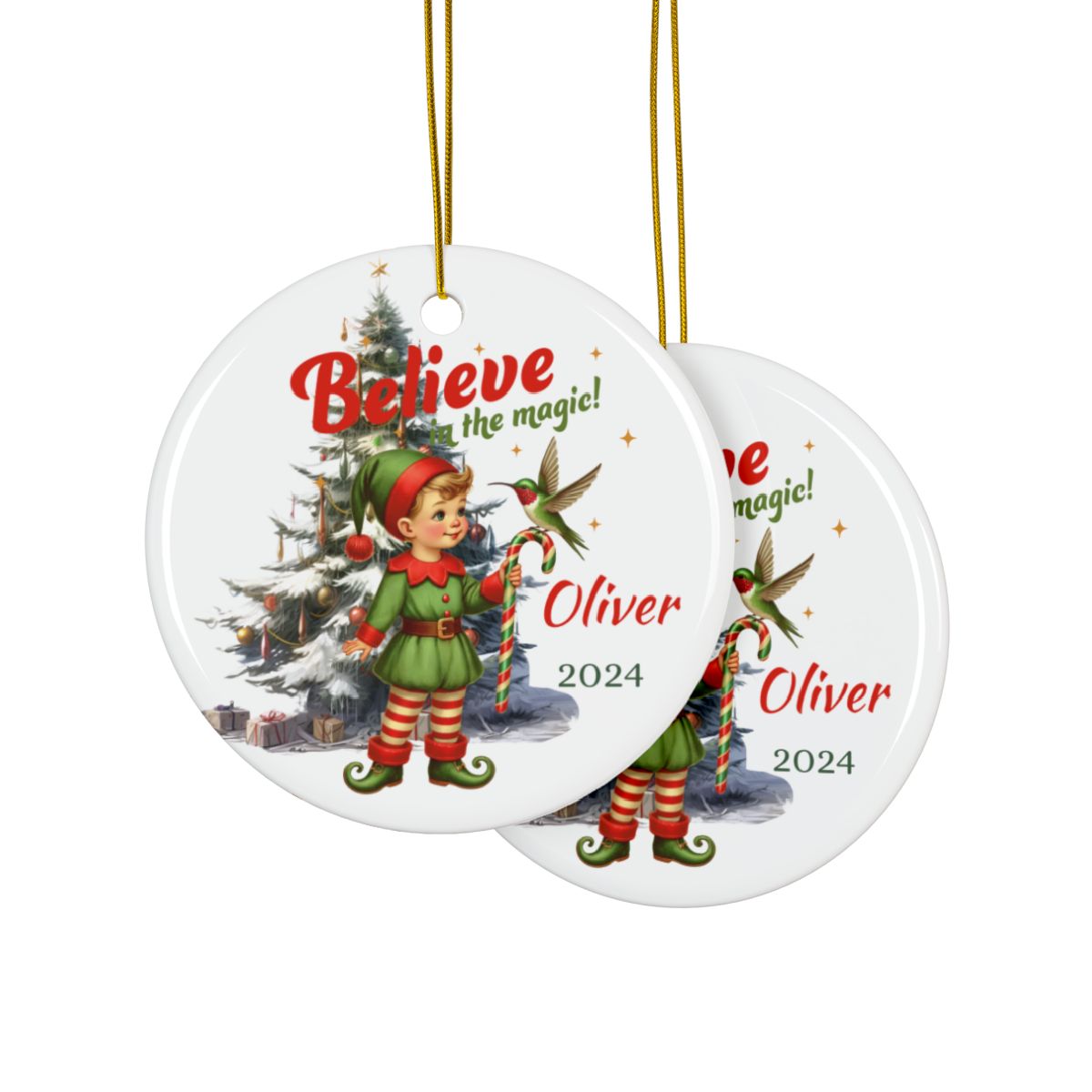 Personalized Christmas Ornament, Ceramic Holiday Decoration, Custom Name Ornament, Elf Christmas Decor, Believe Ornament Gift