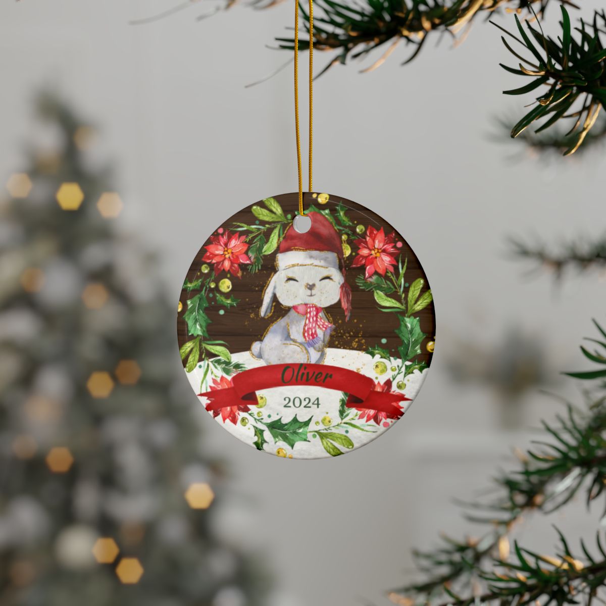 Bunny Ceramic Ornament, Personalized Christmas Ornament, Custom Holiday Décor, Cute Animal Keepsake
