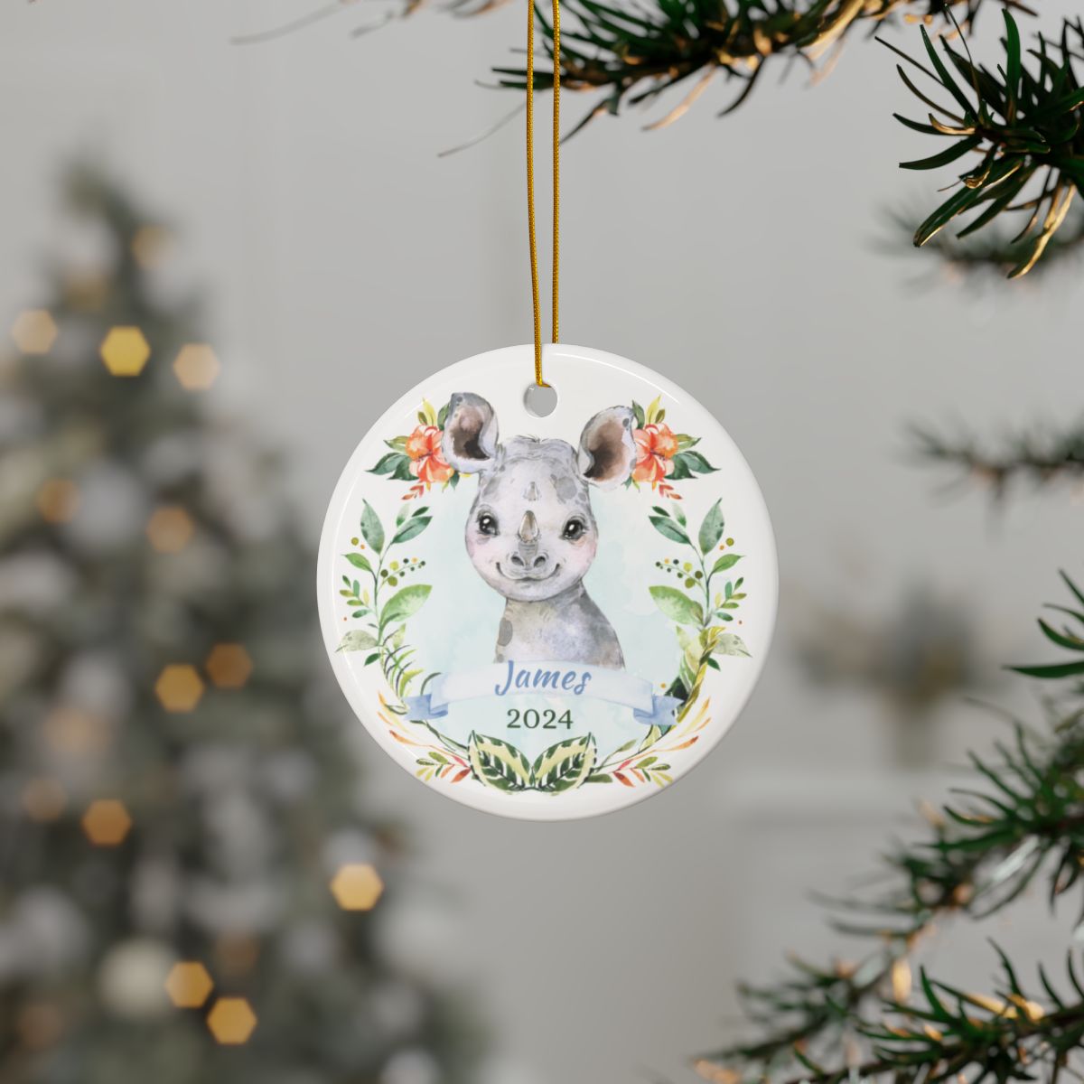 Personalized Ceramic Ornament, Blue Rhino Decoration, Custom Holiday Ornament, Baby's First Christmas Gift, Double-sided Print, Cute Animal