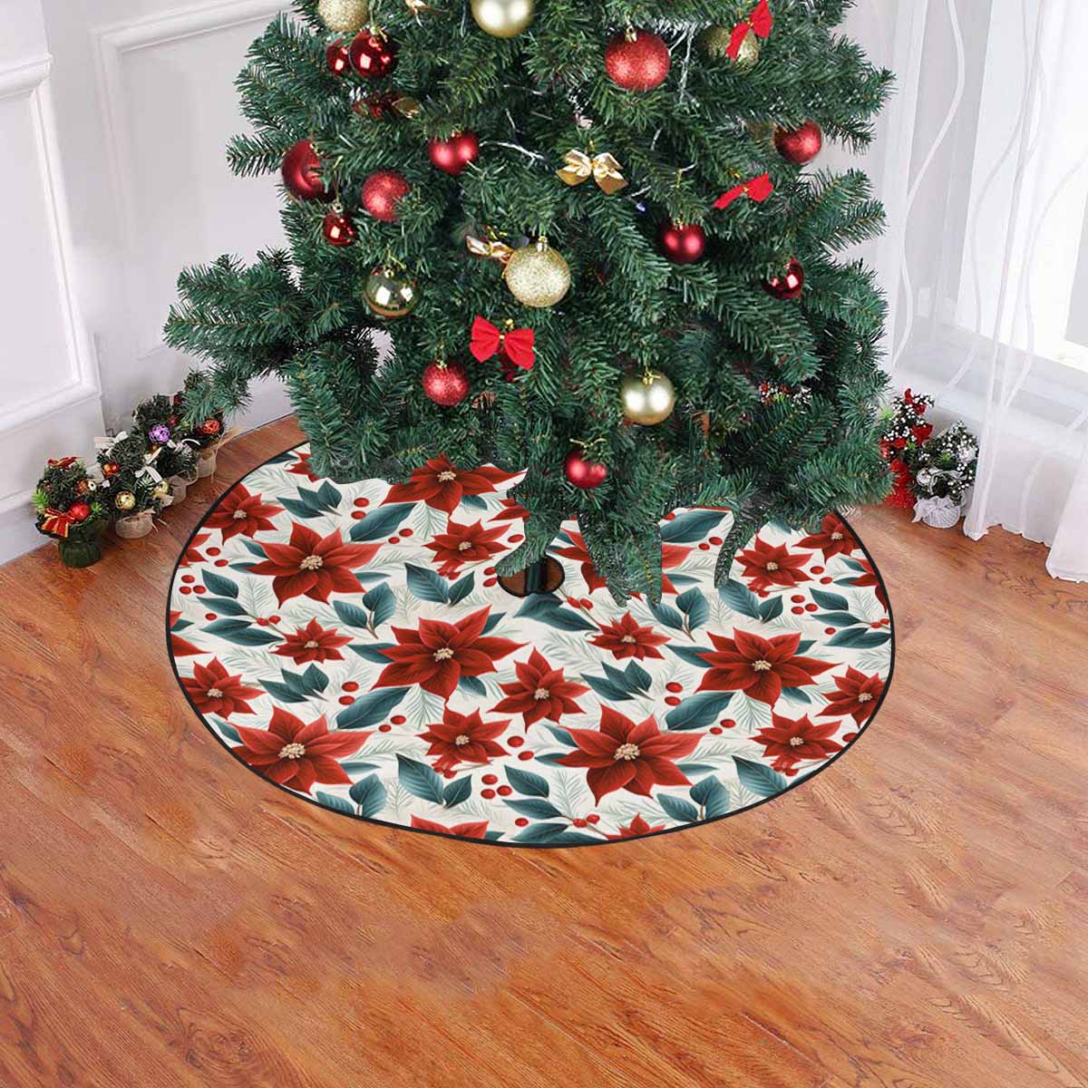 Christmas Red Poinsettia Christmas Tree Skirt