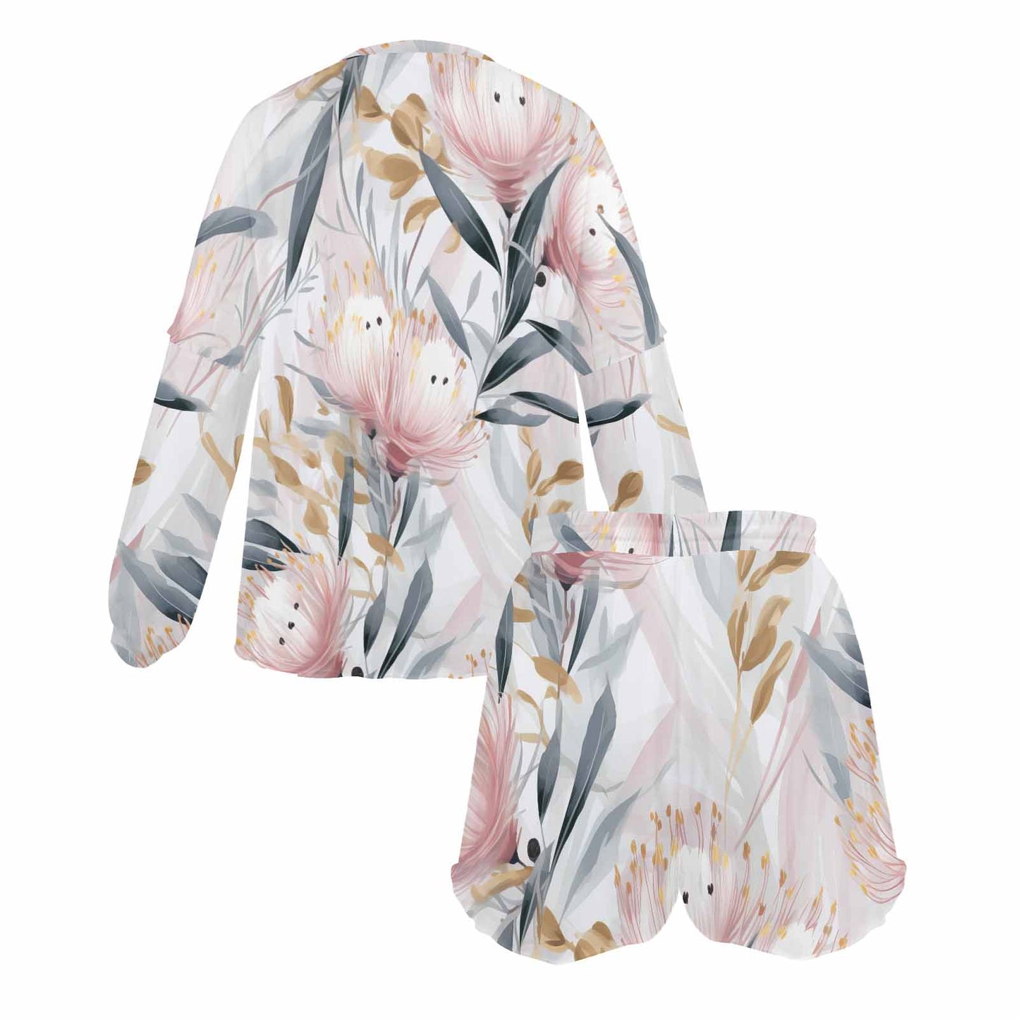 Australian Floral Pink & Grey Women's Long Sleeve Pajama Set with Shorts