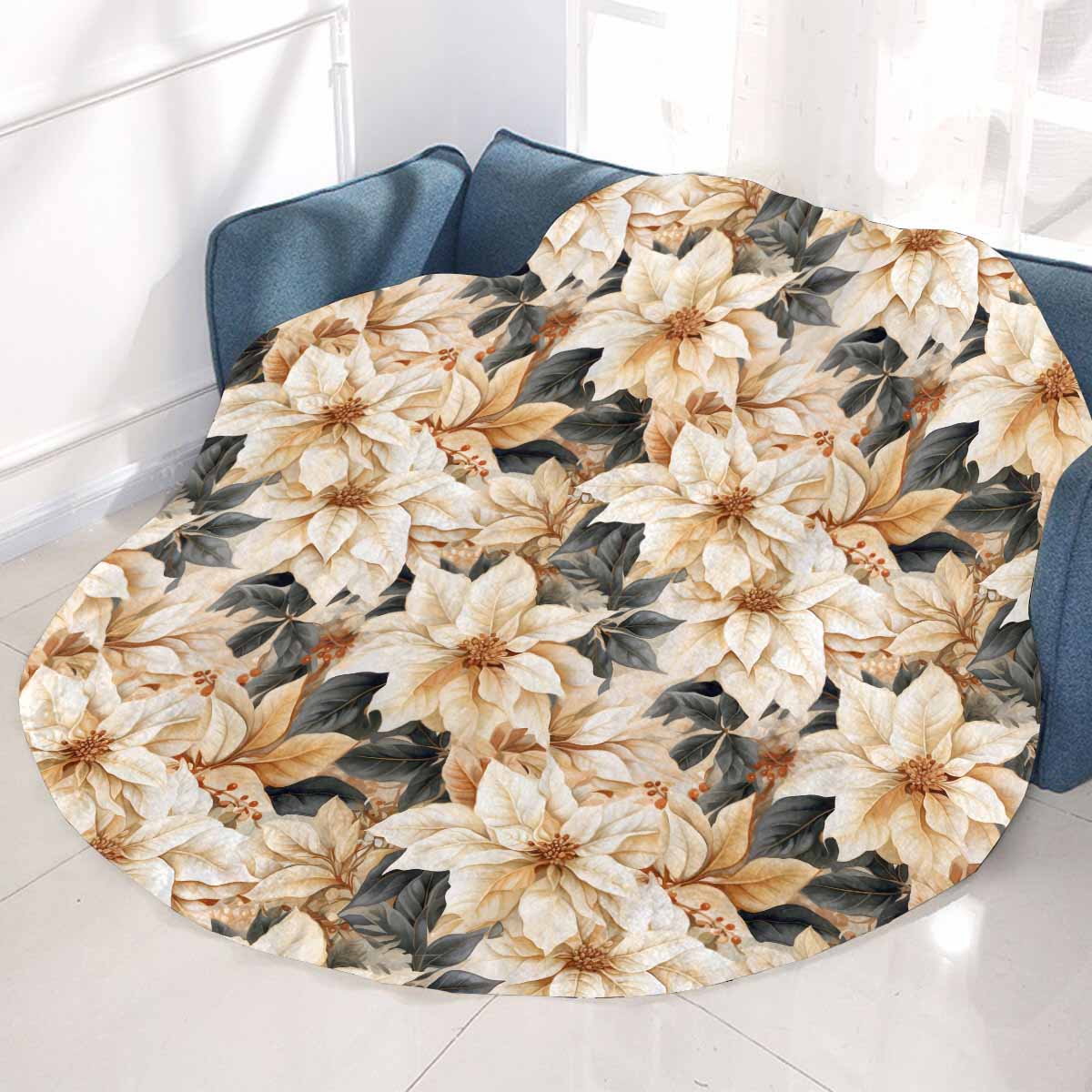 Cream Poinsettia2 Circular Micro Fleece Blanket 47"