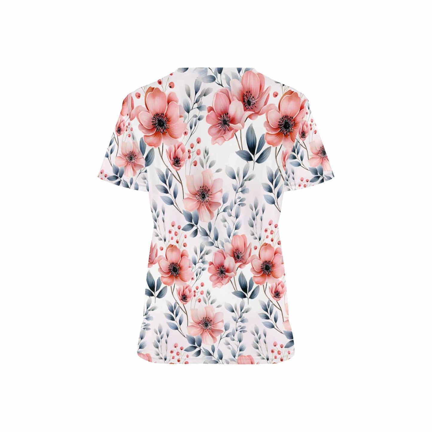 Pink and Grey Floral Women's V Neck Scrub Top Nurse Uniform with Deep Front Pockets